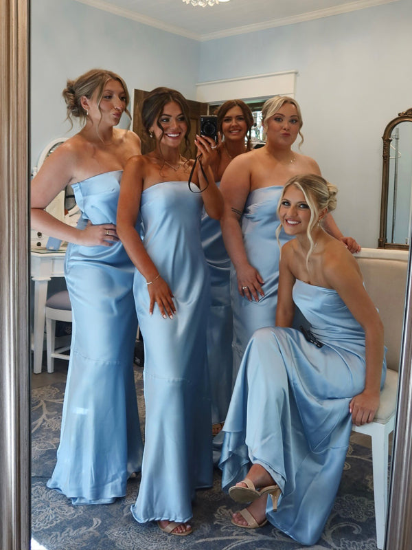 Pale Blue Silk Satin Strapless Simple Elegant Sheath Long Bridesmaid Dresses, CB0333 Pale Blue Silk Satin Strapless Simple Elegant Sheath Long Bridesmaid Dresses, CB0333