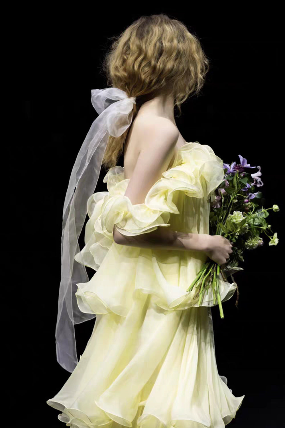 Pastel Yellow Ruffles Tiered A-line Off The Shoulder Prom Dresses, CP1089