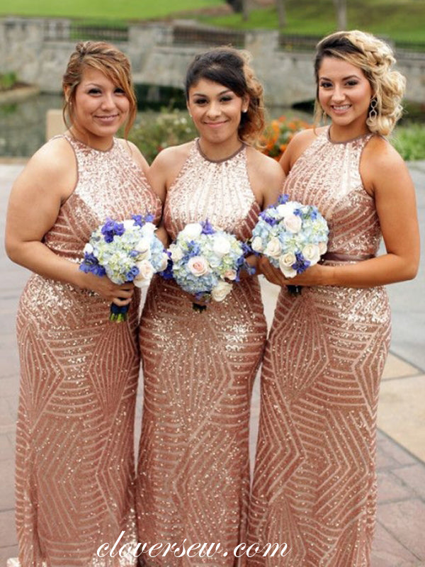 Pink Champagne Sequin Sparkly Jewel Neck Column Long Bridesmaid Dresse clover sew Pink Champagne Sequin Sparkly Jewel Neck Column Long Bridesmaid Dresse clover sew
