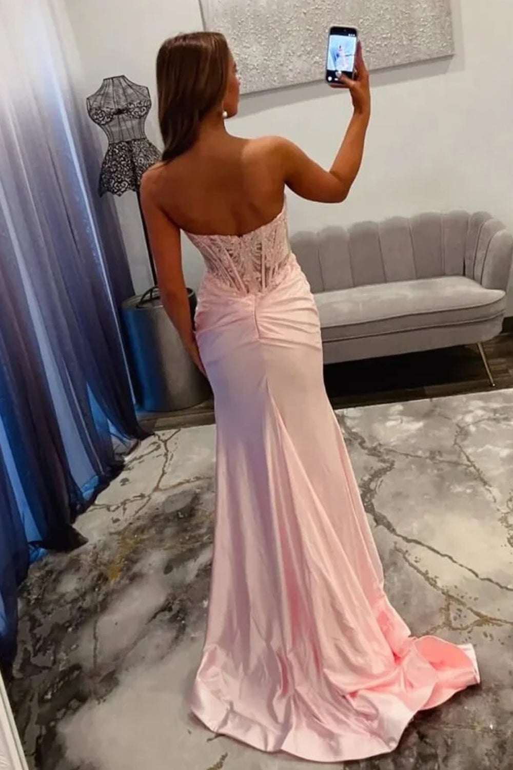 Pink Elastic Satin Strapless Illusion Lace Top Mermaid Slit Prom Dresses, CP1093