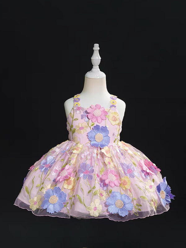Pink Floral Embroidery Sleeveless Short Flower Girl Dresses Birthday Dresses, CF0016