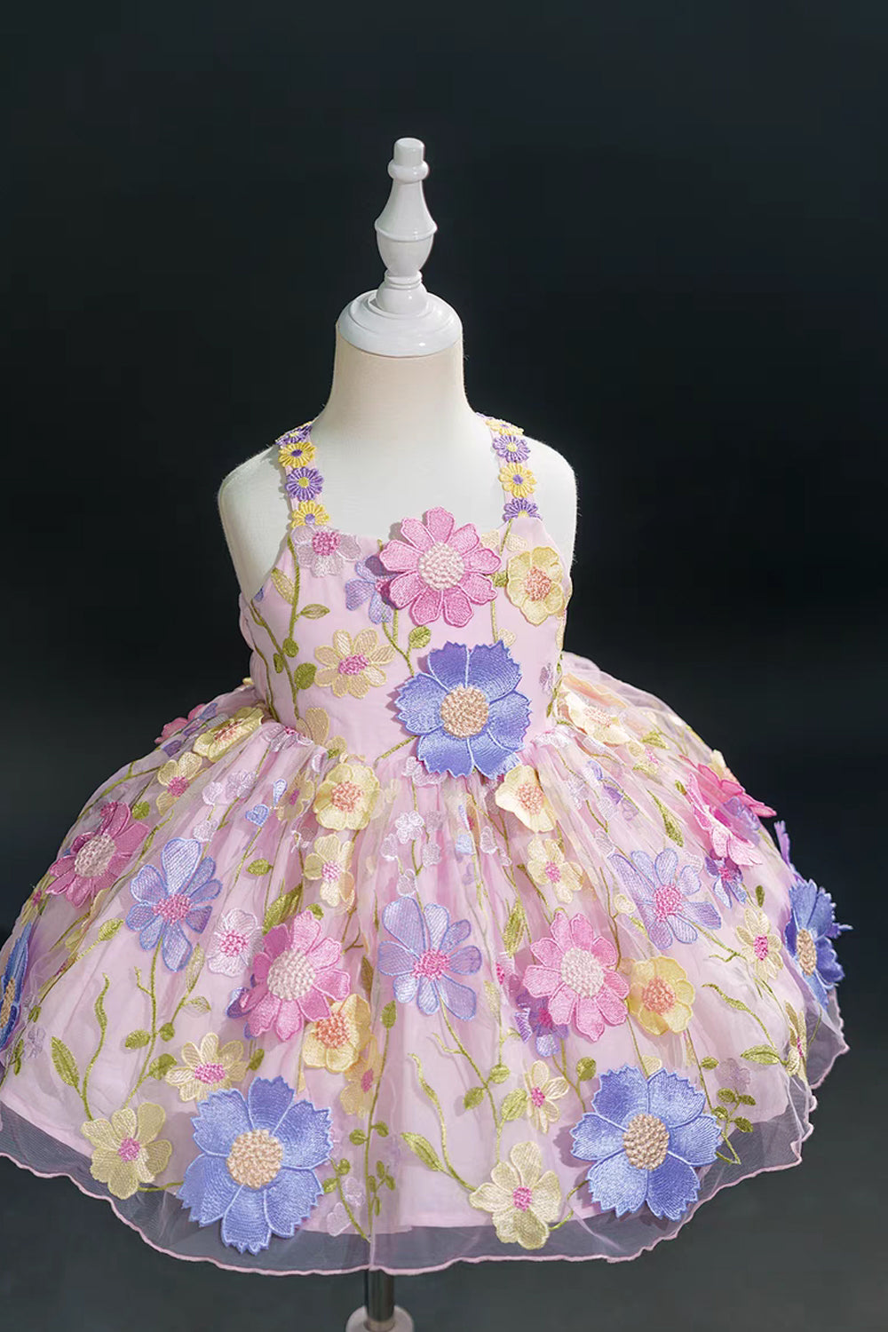 Pink Floral Embroidery Sleeveless Short Flower Girl Dresses Birthday Dresses, CF0016