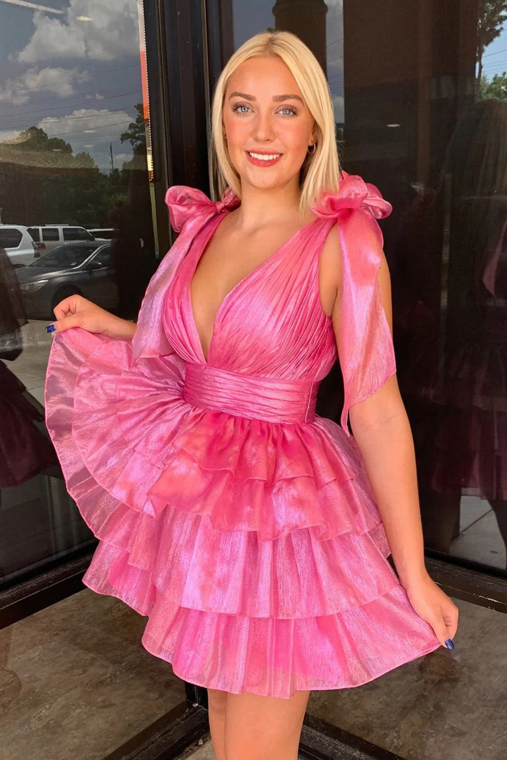 Pink Organza V-neck Sleeveless A-line Tiered Short Homecoming Dresses, CH0115