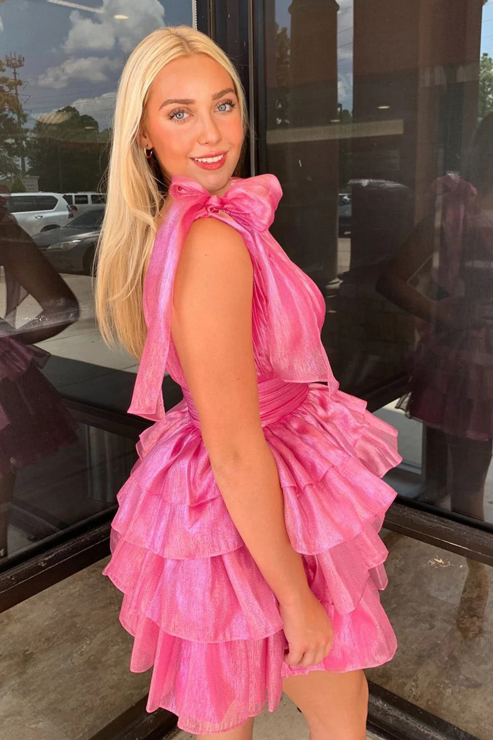 Pink Organza V-neck Sleeveless A-line Tiered Short Homecoming Dresses, CH0115
