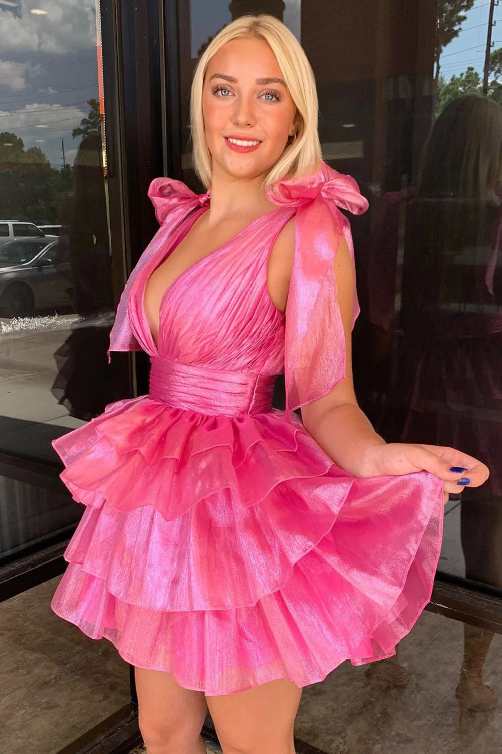 Pink Organza V-neck Sleeveless A-line Tiered Short Homecoming Dresses, CH0115