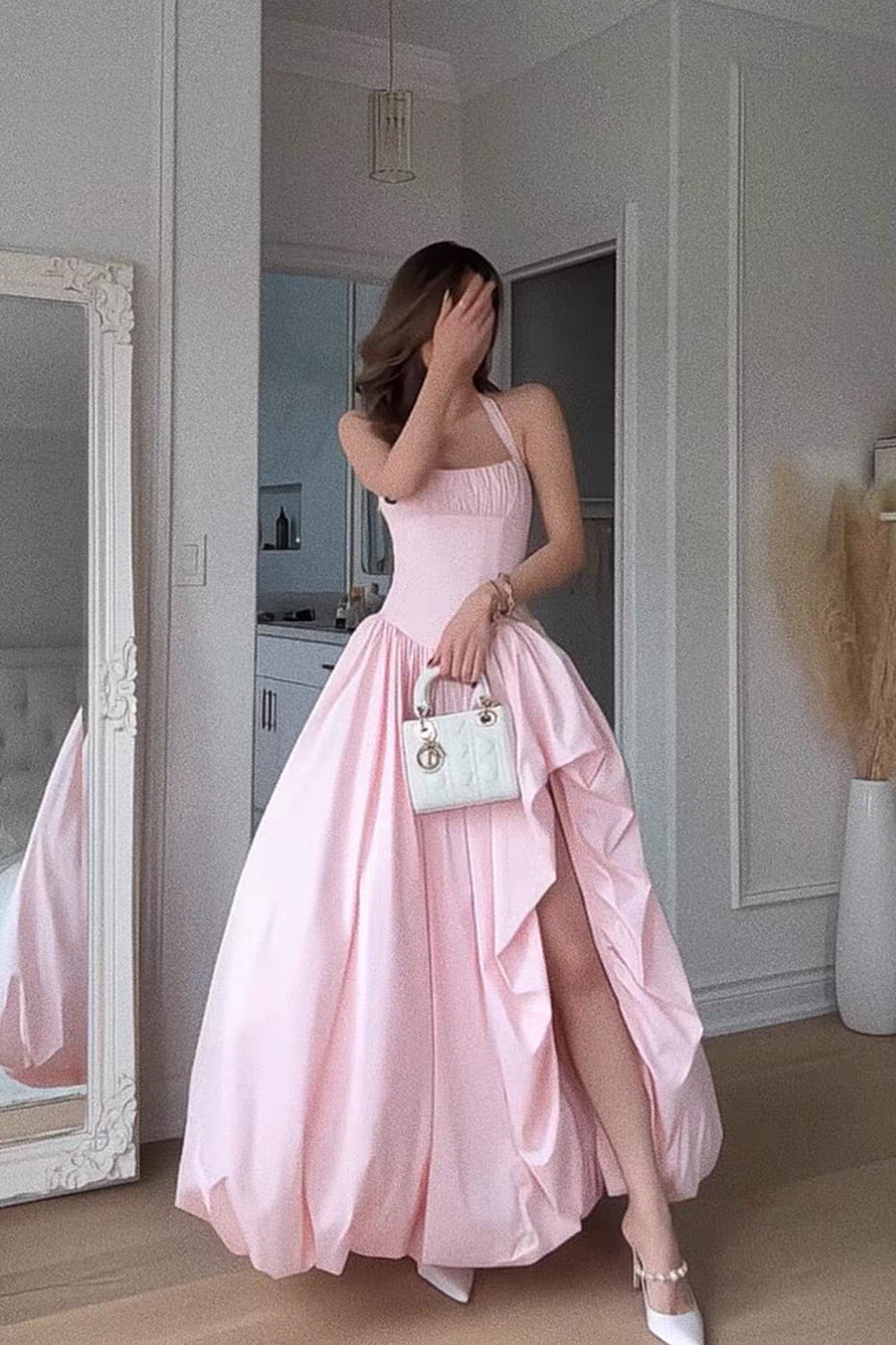 Pink Satin Halter Lace Up Back Peplum Skirt Prom Dresses, CP1088