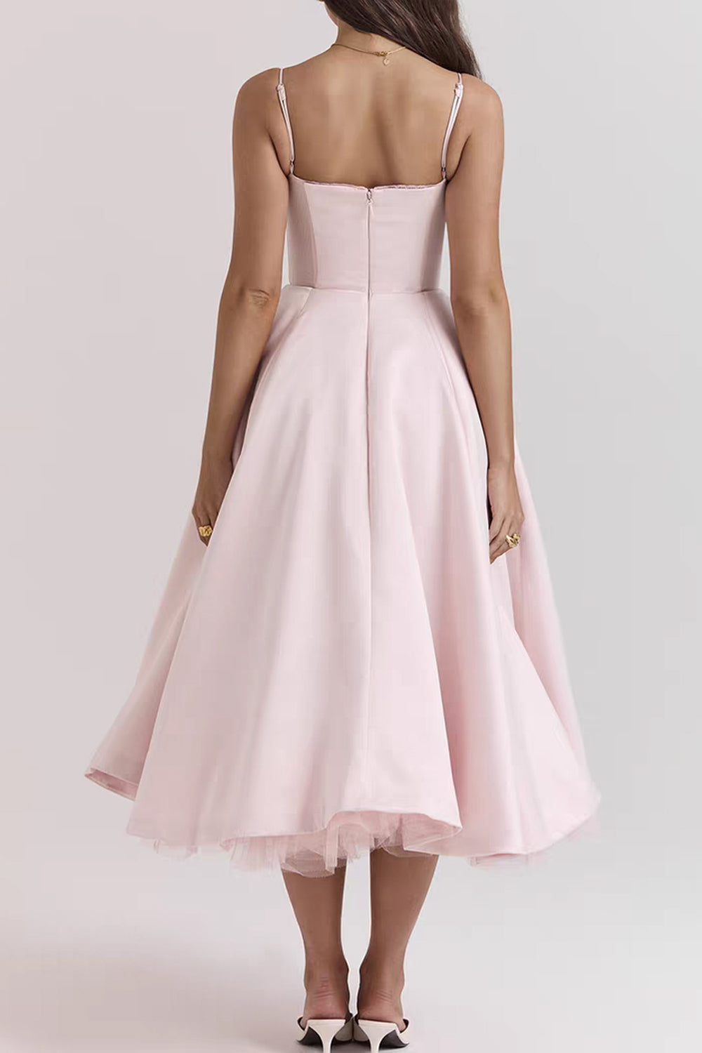 Pink Satin Spaghetti Strap Fluffy A-line Skirt Tea Length Prom Dresses, CP1106