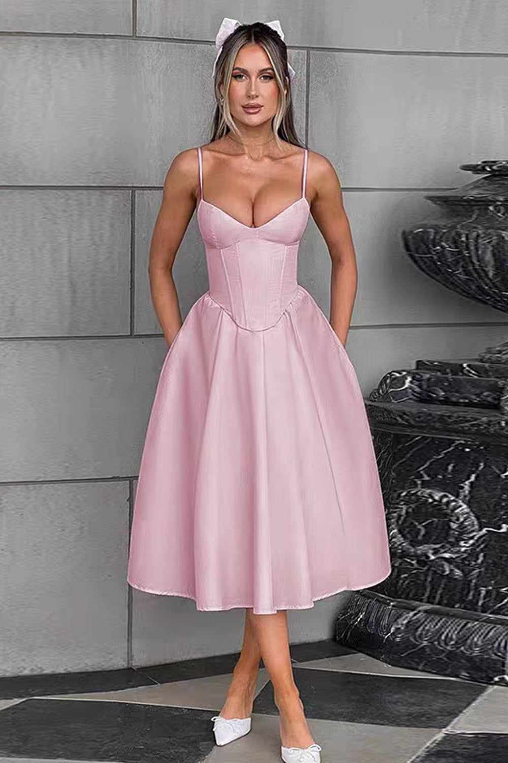 Pink Satin Spaghetti Strap Knee Length A-line Simple Party Dresses, CH0105