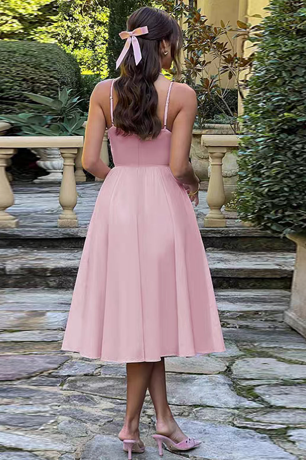 Pink Satin Spaghetti Strap Knee Length A-line Simple Party Dresses, CH0105