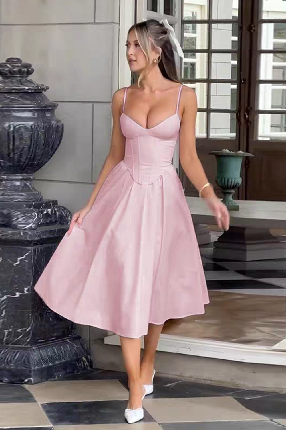Pink Satin Spaghetti Strap Knee Length A-line Simple Party Dresses, CH0105