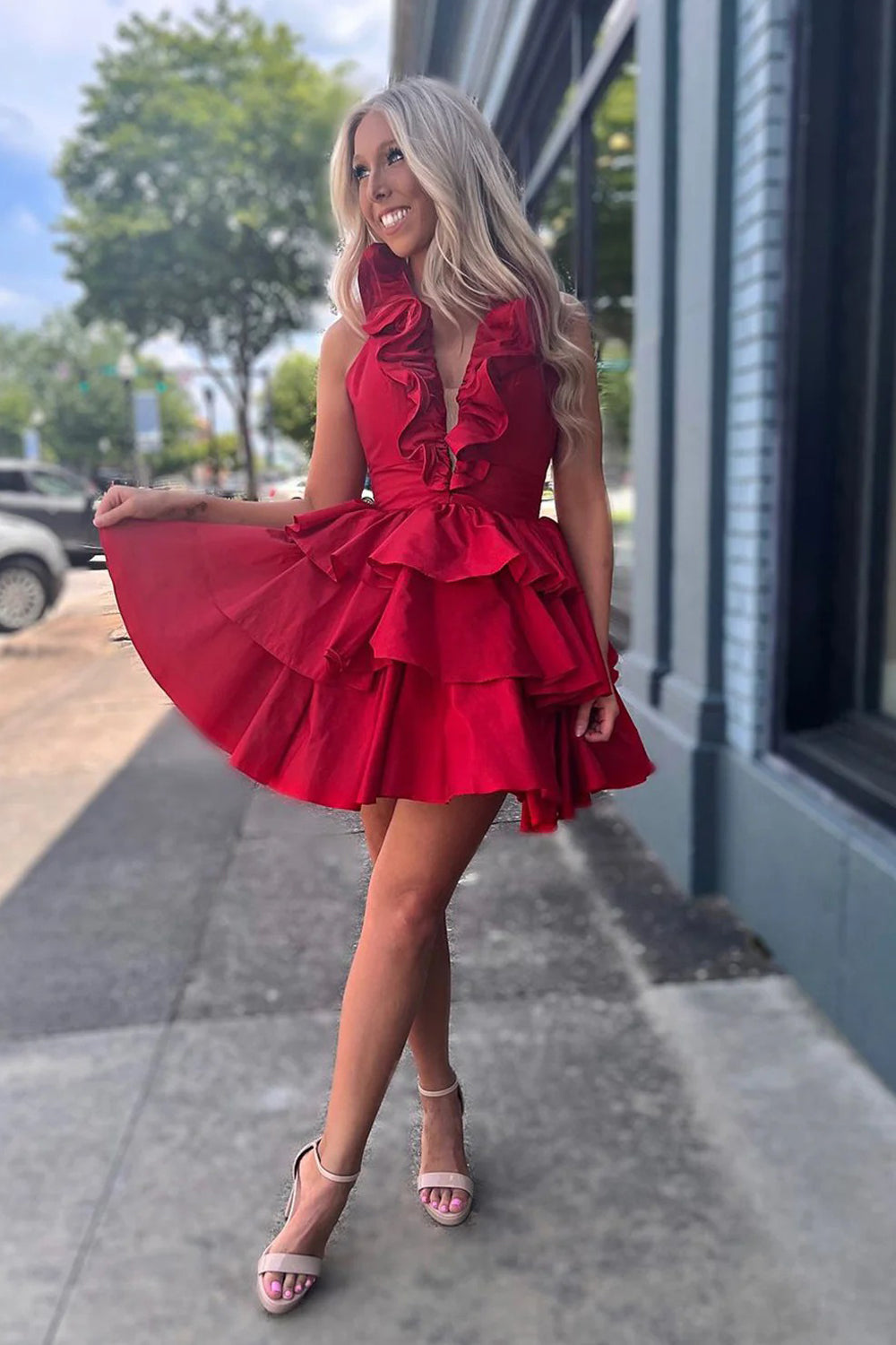 Pink Shiny Satin Bubble Halter Sleeveless Tiered A-line Short Homecoming Dresses, CH0112