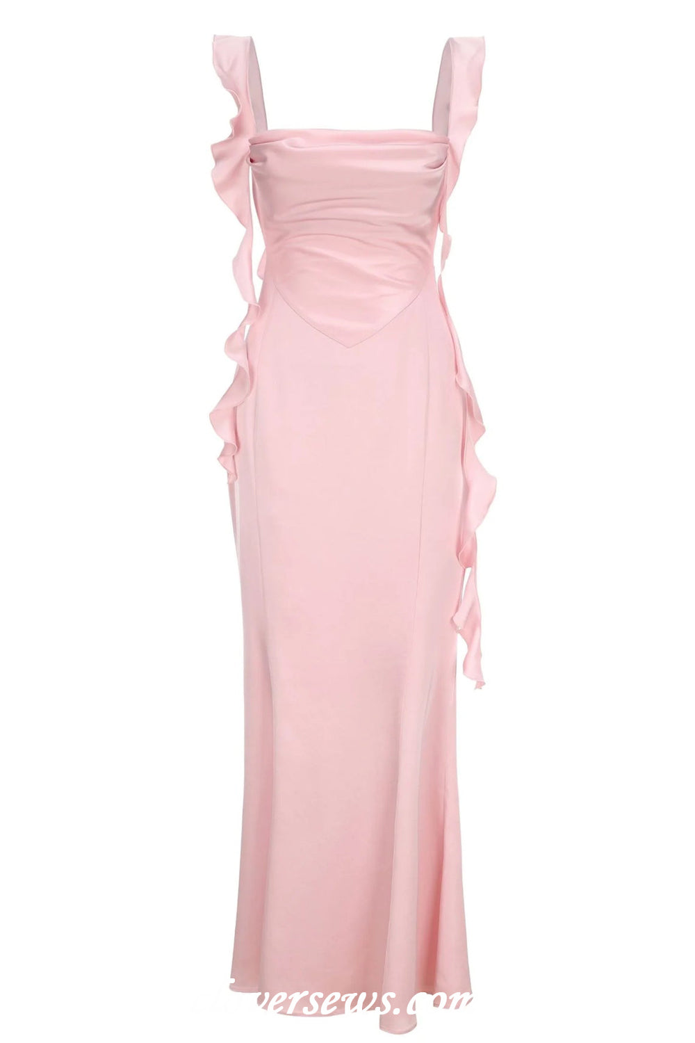 Pink Silk Satin Ruffles Ribbon Sleeveless Back Slip Mermaid Bridesmaid Dresses, CB0318