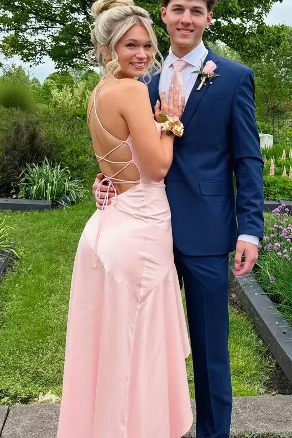 Pink Silk Satin Spaghetti Strap Ruffles Hem Hi-low Prom Dresses, CP1100