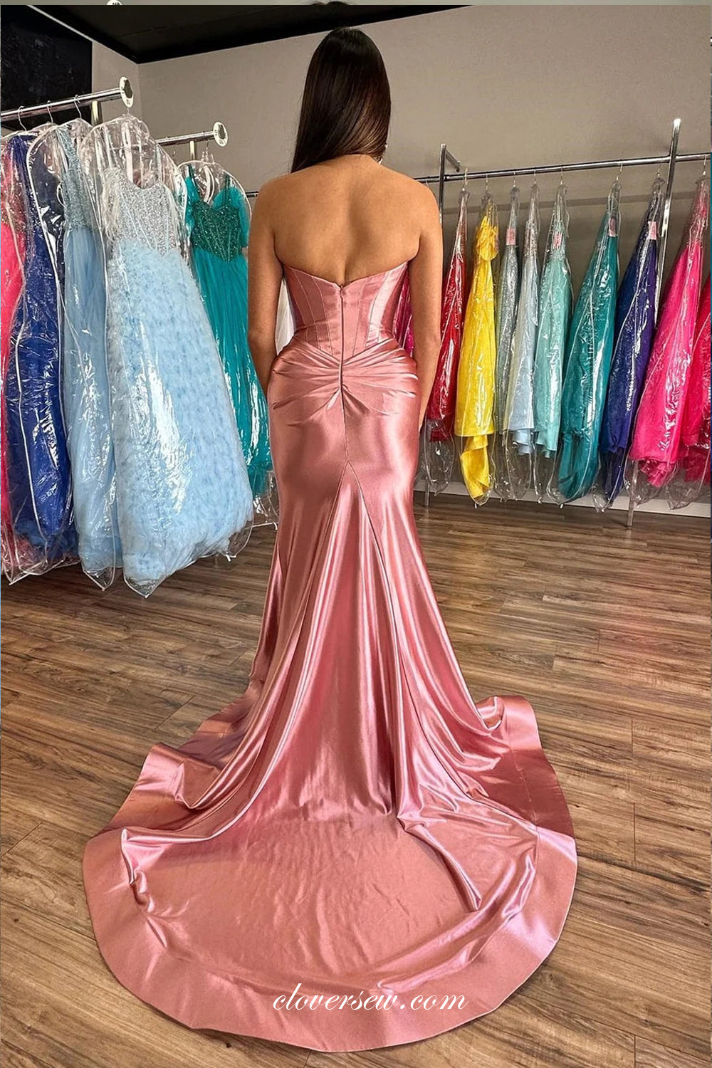 Pink Strapless Pleating Shiny Satin Mermaid With Slit Prom Dresses, CP1038