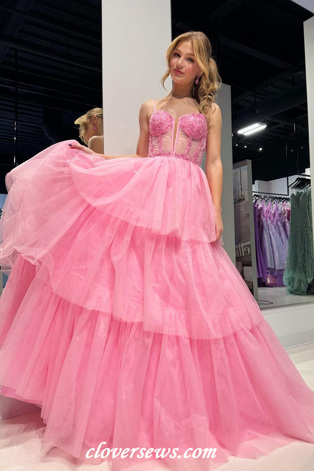 Pink Tulle Lace Tiered A-line Charming Prom Dresses, CP1167