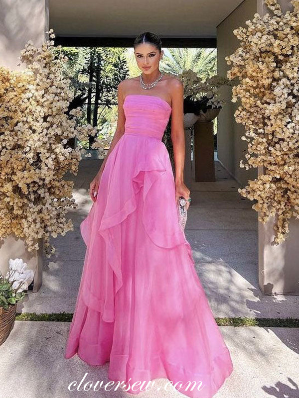 pink prom dress with ruffles Pink Tulle Strapless Ruffles A-line Simple Prom Dresses For Teens, CP1085 US0 / Custom Color(leaving a note)