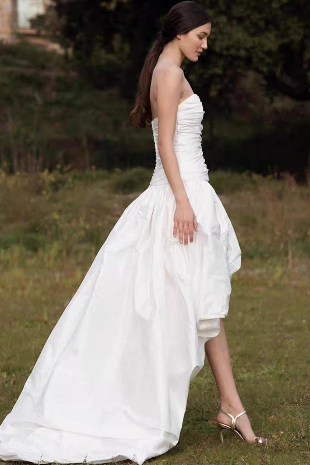 Pleating Strapless Satin Hi-low A-line Peplum Skirt Wedding Dresses ,CW0436