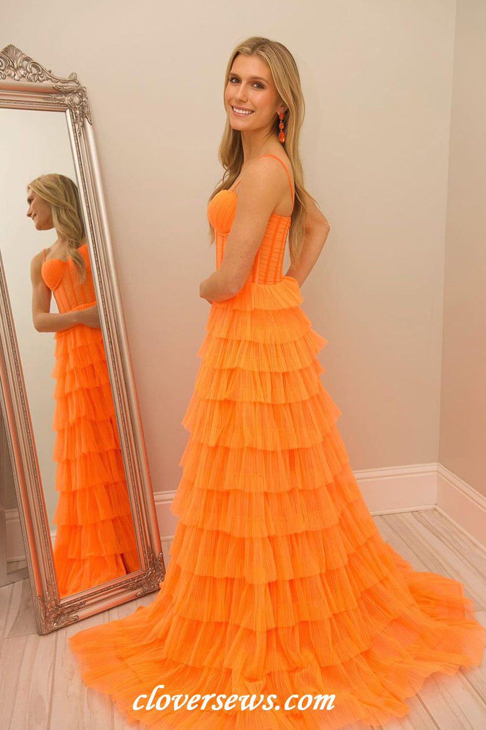 Pleating Tulle Orange Spaghetti Strap Tiered A-line With Side Slit Prom Dresses, CP1133