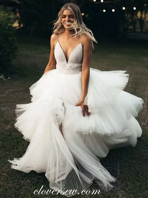 Pleating Tulle Spaghetti Strap V-neck Tiered A-line Wedding Dresses, CW0369 Pleating Tulle Spaghetti Strap V-neck Tiered A-line Wedding Dresses, CW0369
