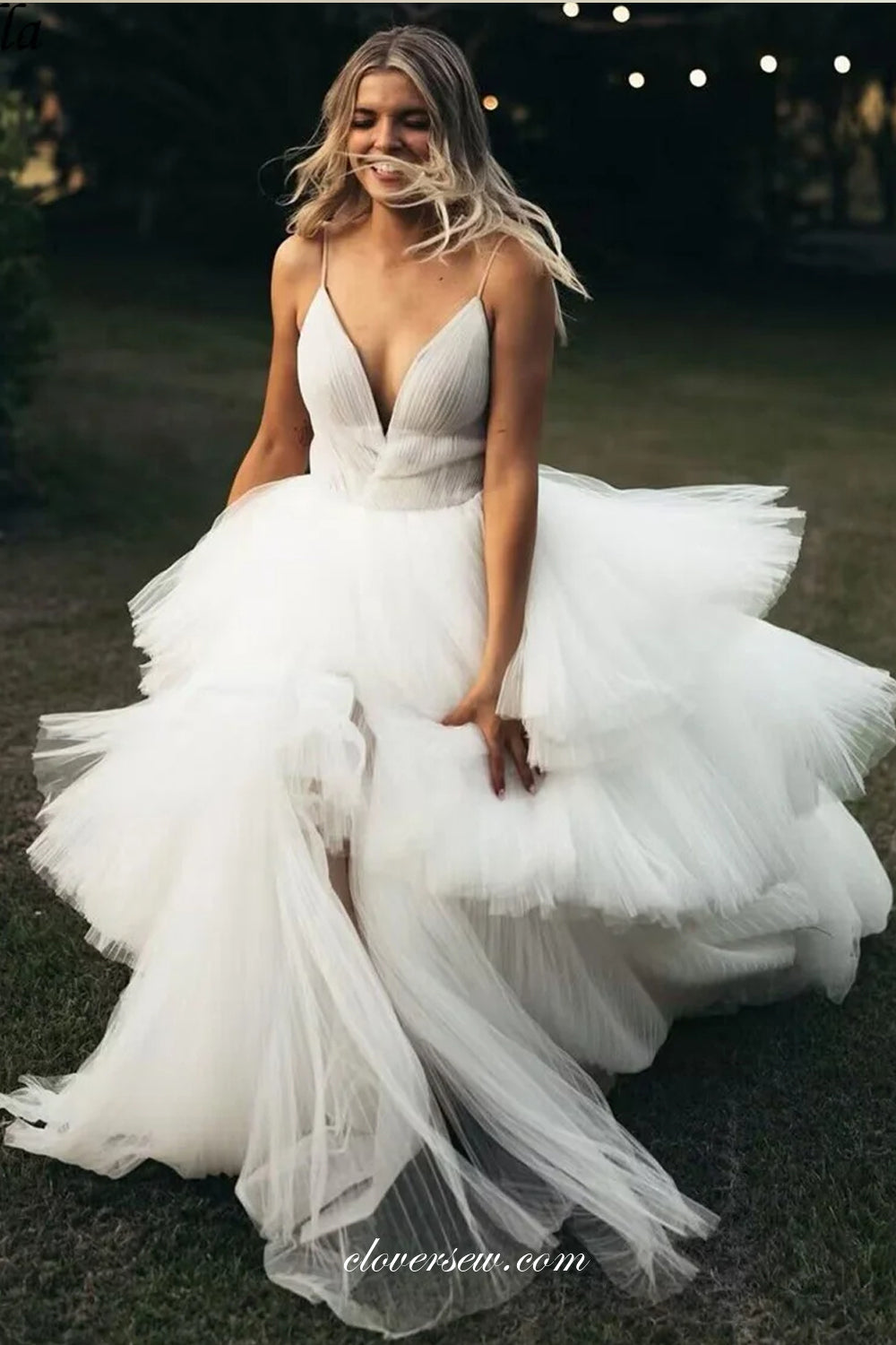 Pleating Tulle Spaghetti Strap V-neck Tiered A-line Wedding Dresses, CW0369