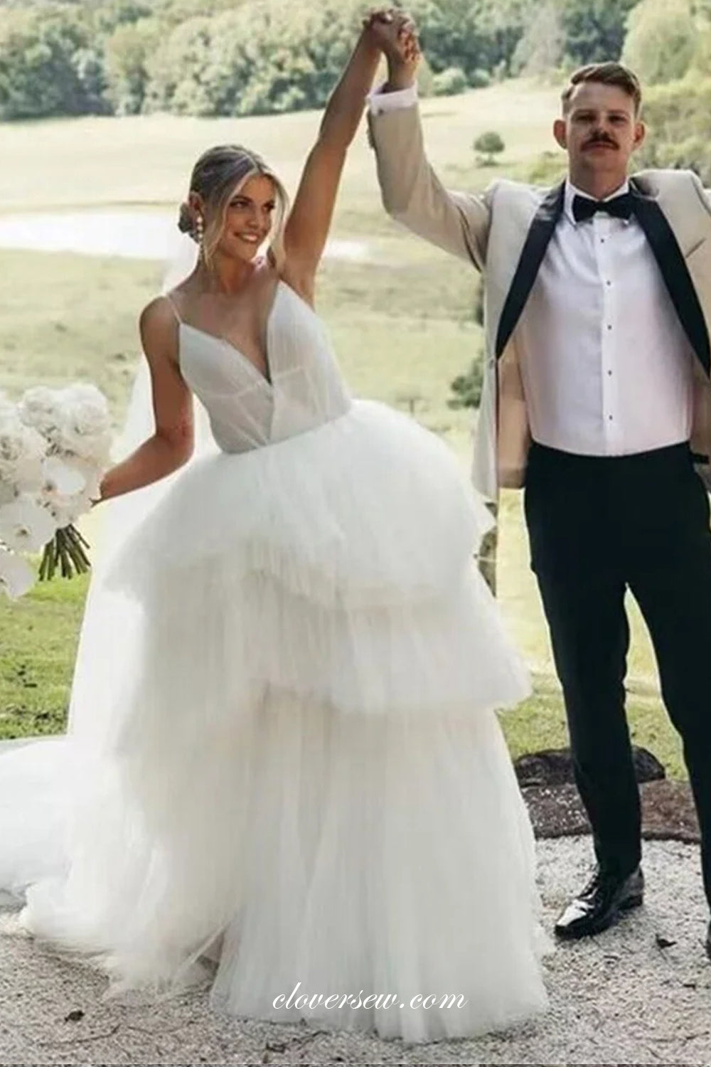 Pleating Tulle Spaghetti Strap V-neck Tiered A-line Wedding Dresses, CW0369