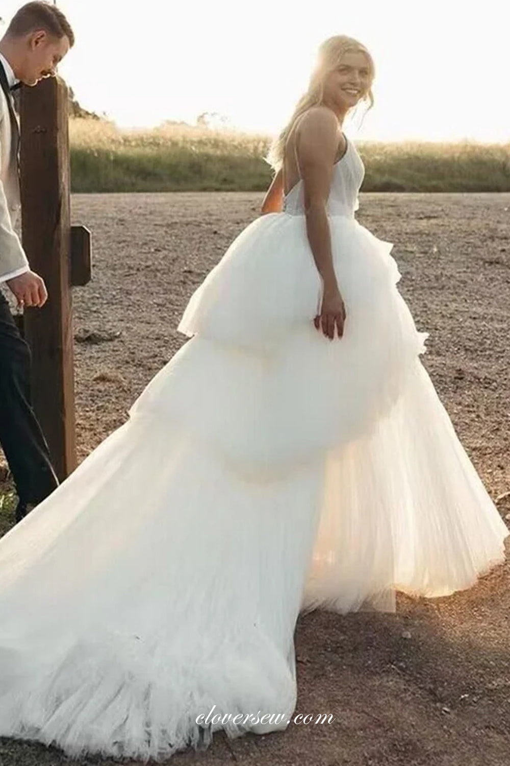 Pleating Tulle Spaghetti Strap V-neck Tiered A-line Wedding Dresses, CW0369