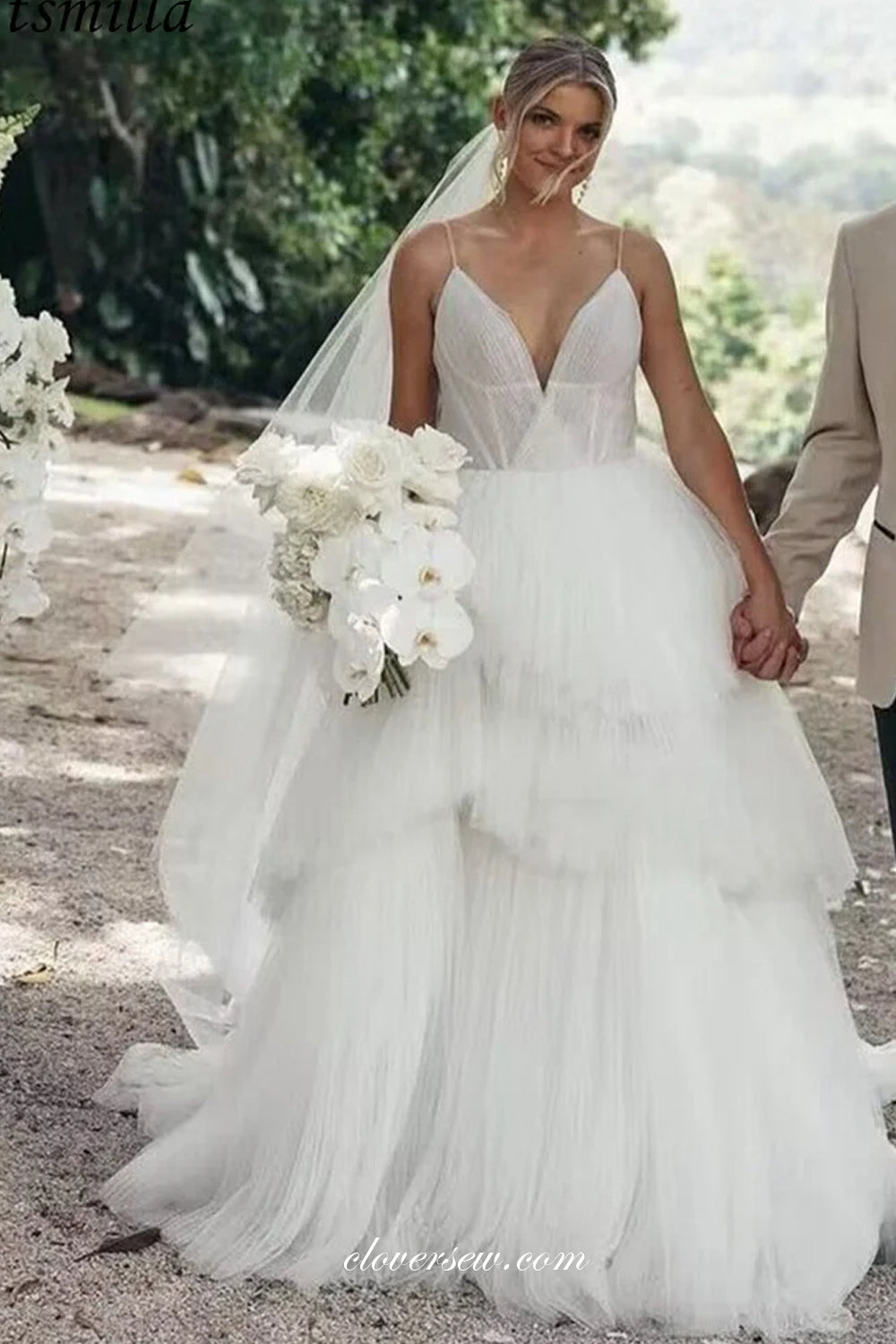 Pleating Tulle Spaghetti Strap V-neck Tiered A-line Wedding Dresses, CW0369