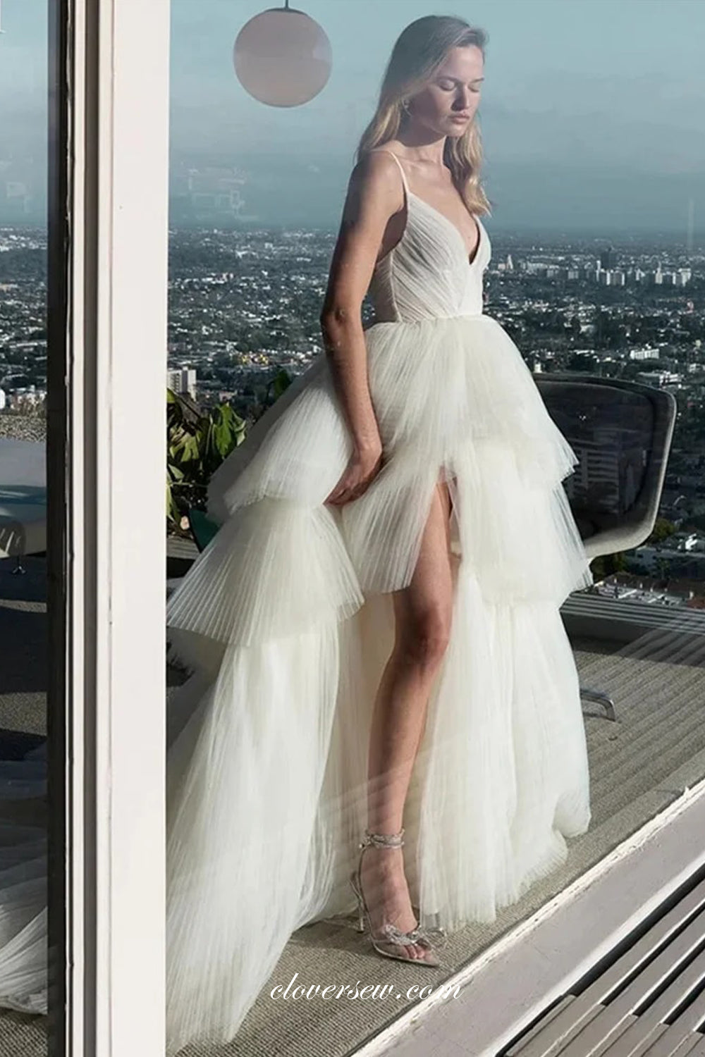 Pleating Tulle Spaghetti Strap V-neck Tiered A-line Wedding Dresses, CW0369