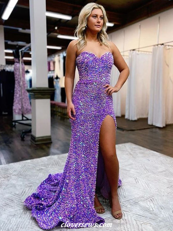 Purple Sequin Sweetheart Strapless Mermaid With Slit Shiny Prom Dresse clover sew Purple Sequin Sweetheart Strapless Mermaid With Slit Shiny Prom Dresse clover sew