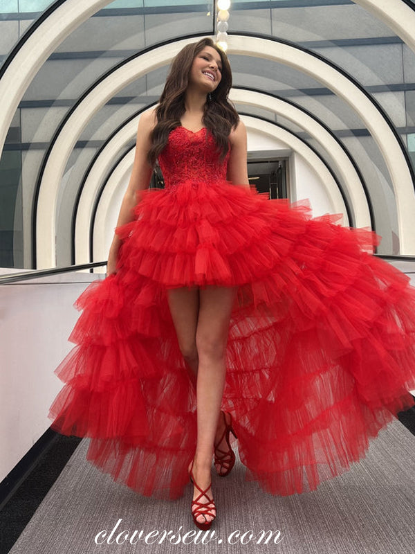 red high low prom dress Red Lace High Low Homecoming Dresses Spaghetti Strap Satin Prom Dress ARD1747