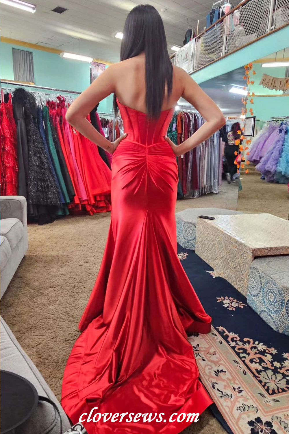 Red Elastic Satin Pleating Sweetheart Strapless Mermaid High Slit Modern Prom Dresses, CP1161