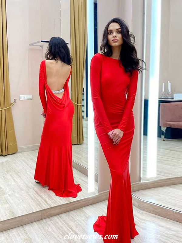 Red Jersey Long Sleeves Backless With Sparkly Bead Mermaid Formal Dresses, CP1177 Red Jersey Long Sleeves Backless With Sparkly Bead Mermaid Formal Dresses, CP1177