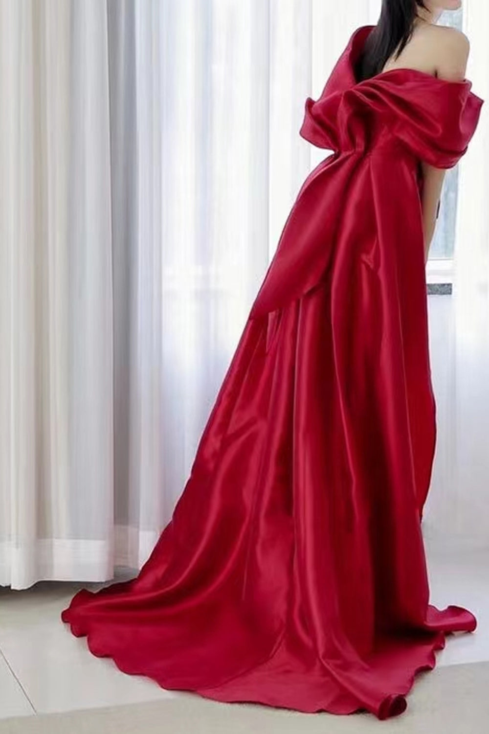 Red Satin Pleating Off The Shoulder A-line With Slit Prom Dresses, CP1199