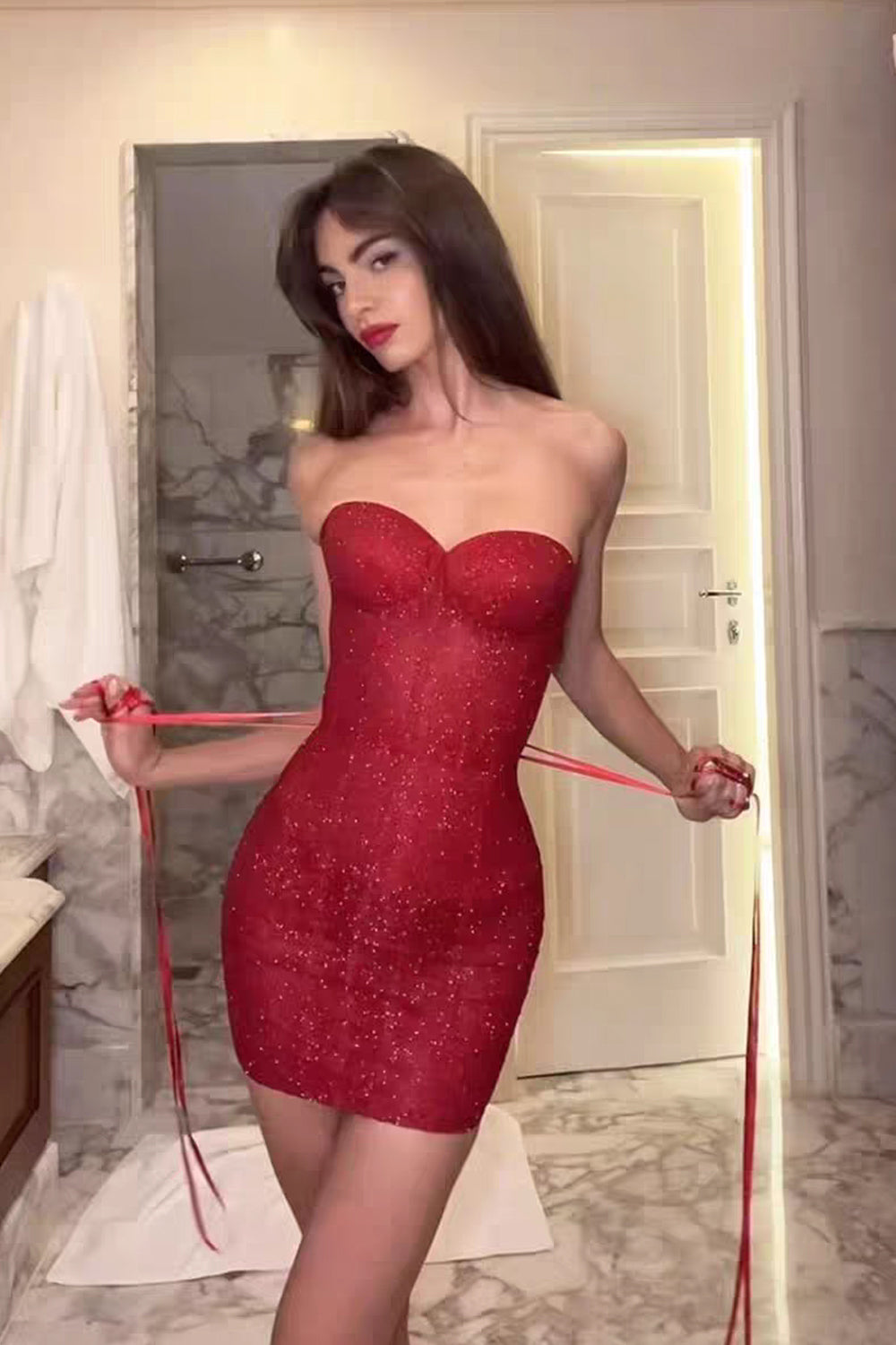 Red Shiny Satin Strapless Corset Sheath Sparkly Mini Homecoming Dresses, CH0126