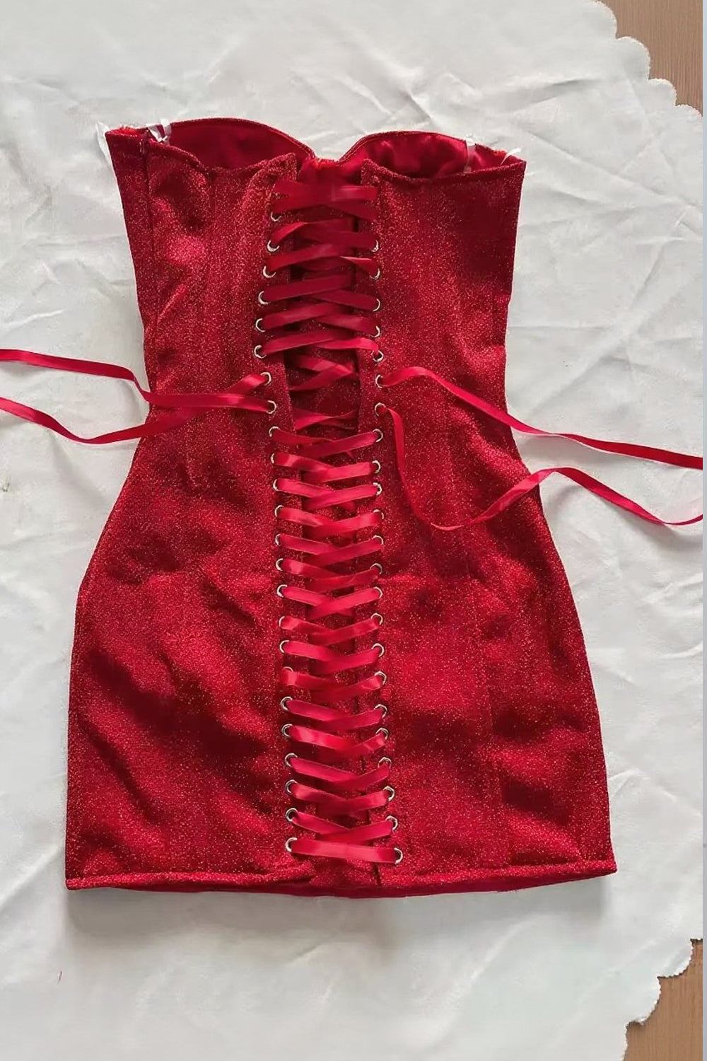 Red Shiny Satin Strapless Corset Sheath Sparkly Mini Homecoming Dresses, CH0126