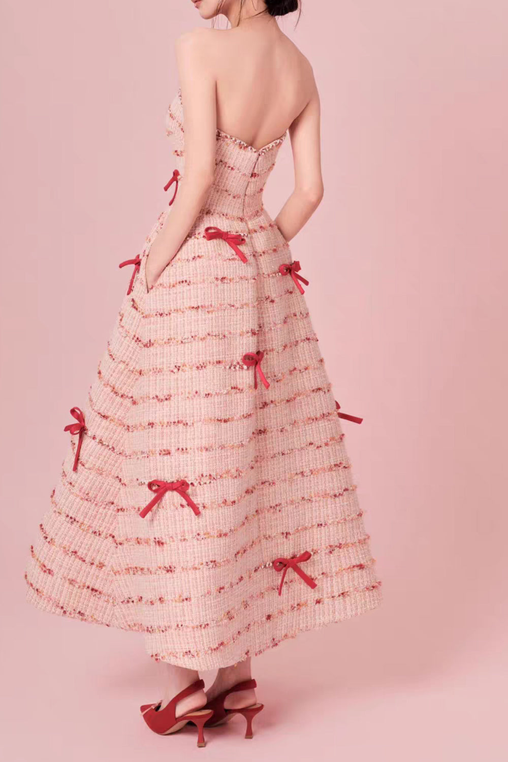 Romantic Strapless Gown with Playful Bows Pink Ankle Length Prom Dresses, CP1072