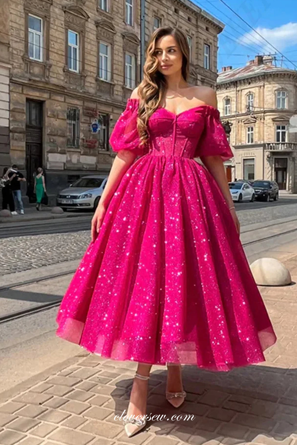 Rose Pink Glitter Tulle Half Sleeves Off The Shoulder Shiny Prom Dresses, CP1086