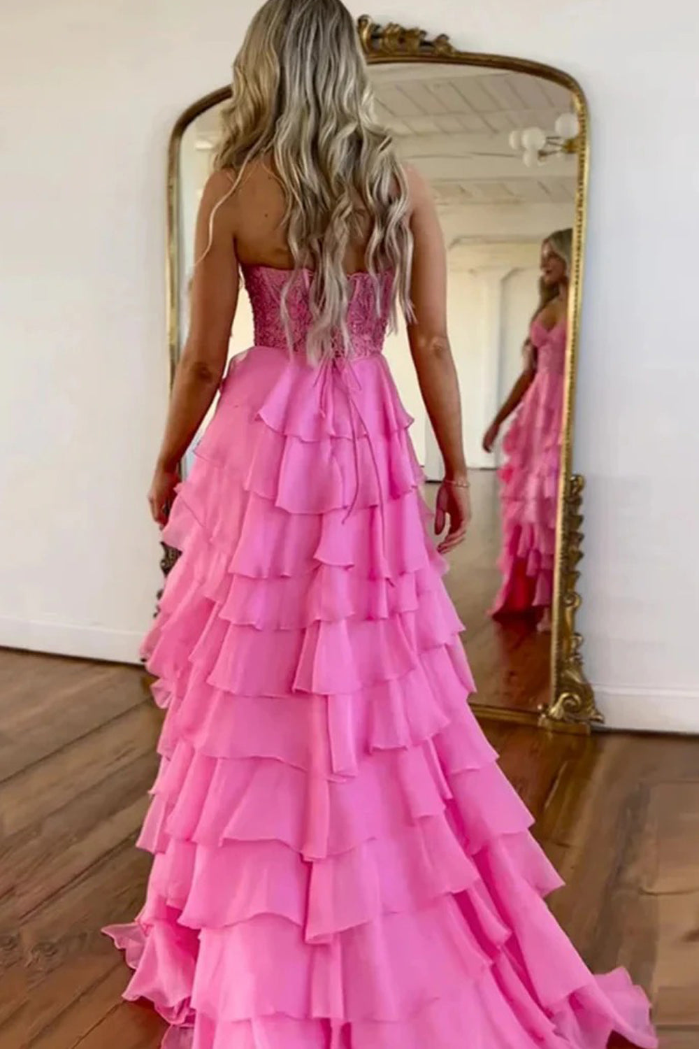 Rose Pink Lace Organza Strapless A-line Ruffles Tiered Prom Dresses, CP1057