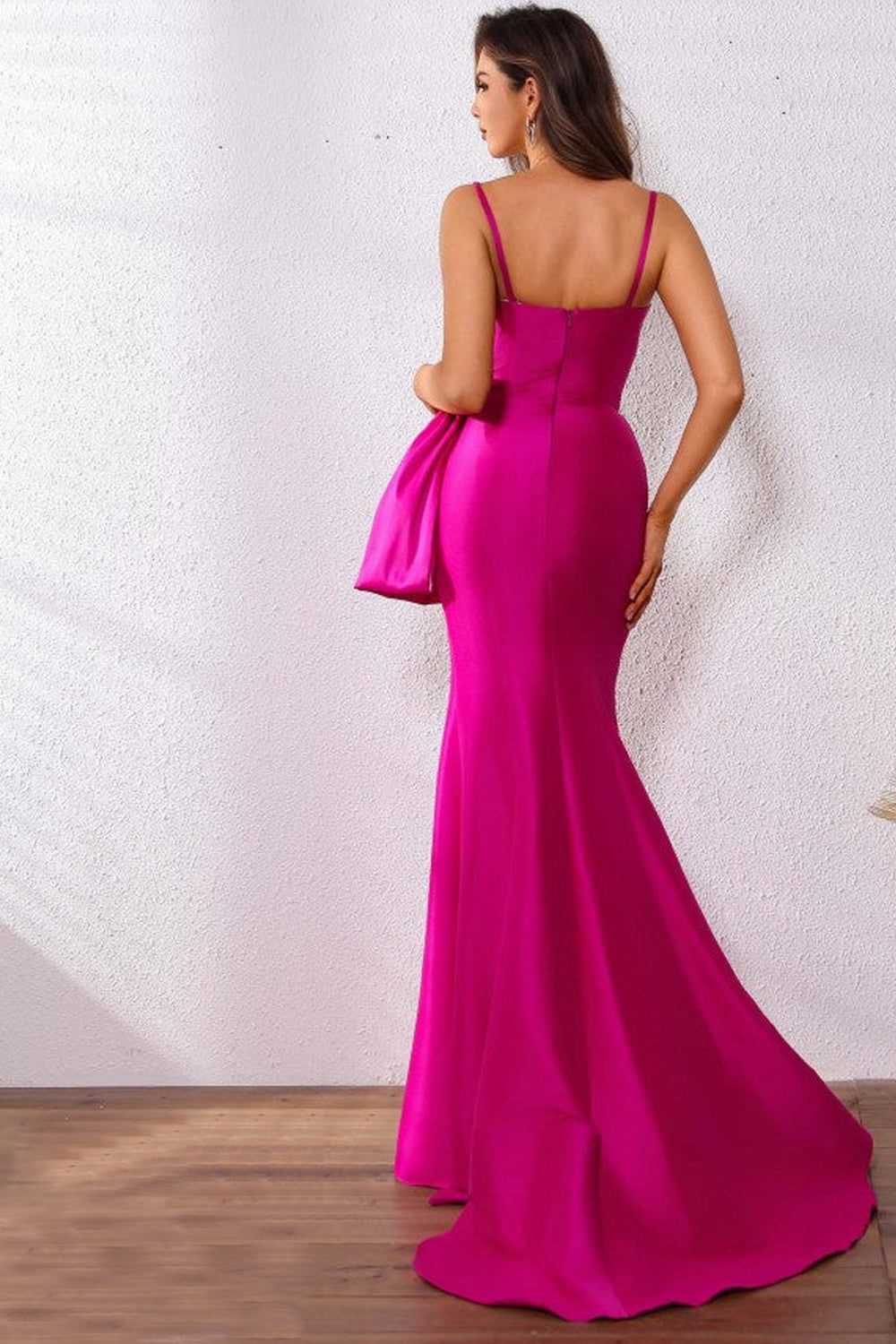 Rosy Pink And White Satin Spaghetti Strap Mermaid Side Slit Bowknot Prom Dresses, CP1203
