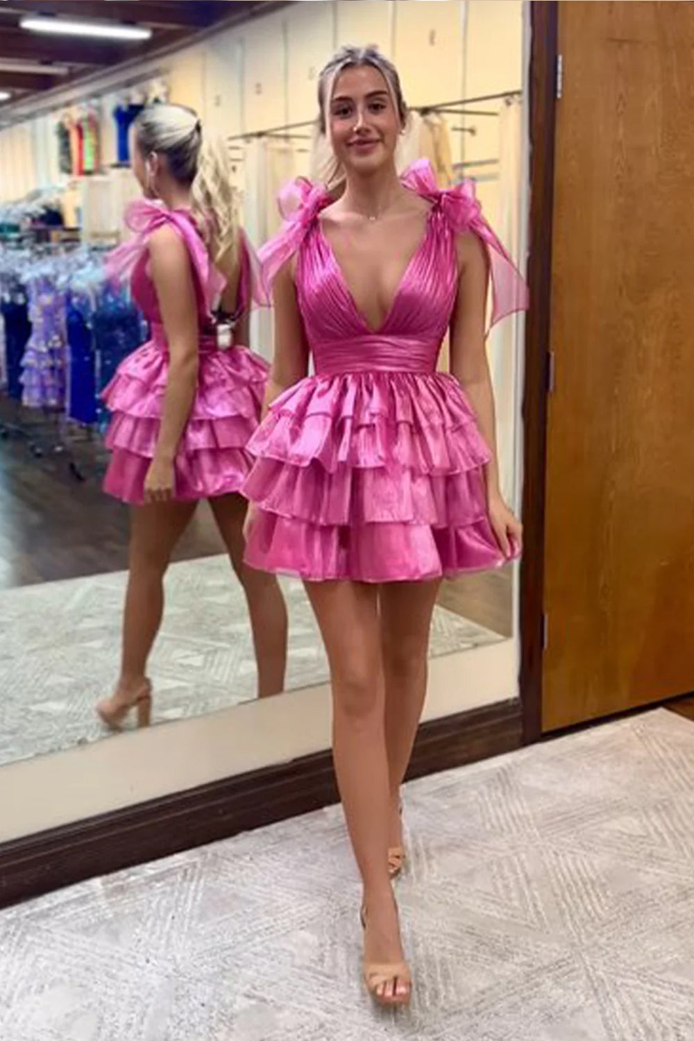 Rosy Pink Organza V-neck Sleeveless A-line Tiered Short Homecoming Dresses, CH0113