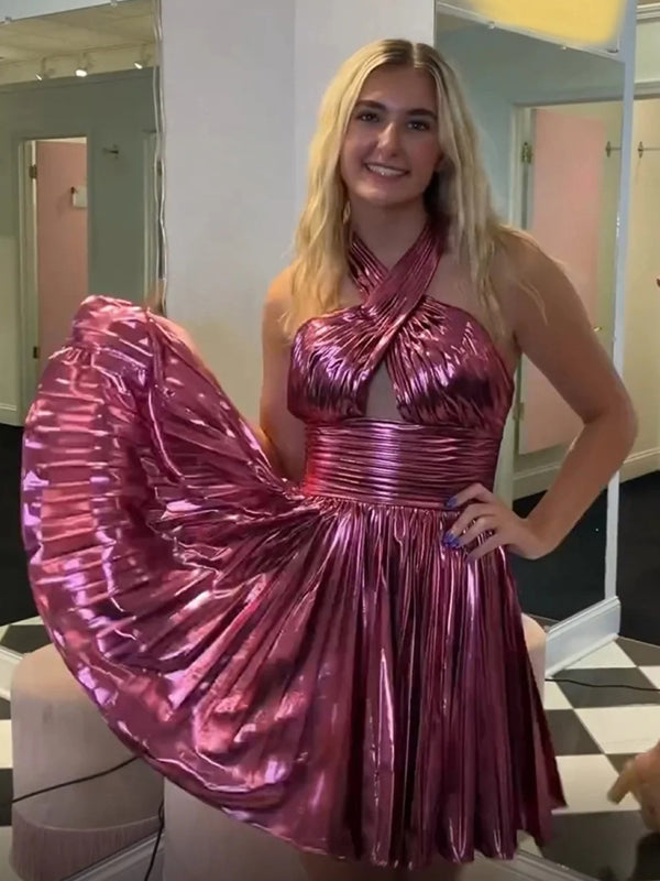 Rosy Pink Pleating Halter Backless A-lie Mini Cocktail Party Homecoming Dresses, CH0094