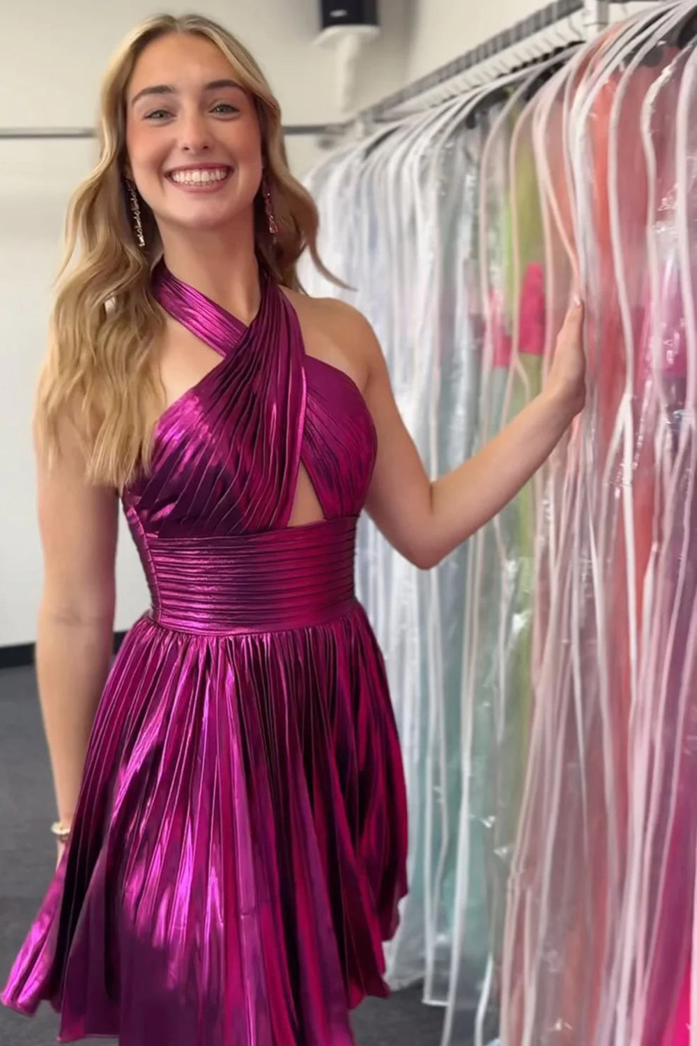 Rosy Pink Pleating Halter Backless A-lie Mini Cocktail Party Homecoming Dresses, CH0094