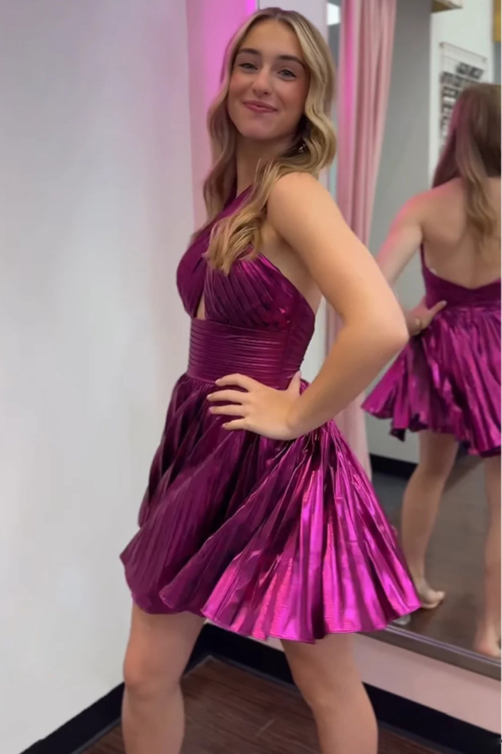 Rosy Pink Pleating Halter Backless A-lie Mini Cocktail Party Homecoming Dresses, CH0094