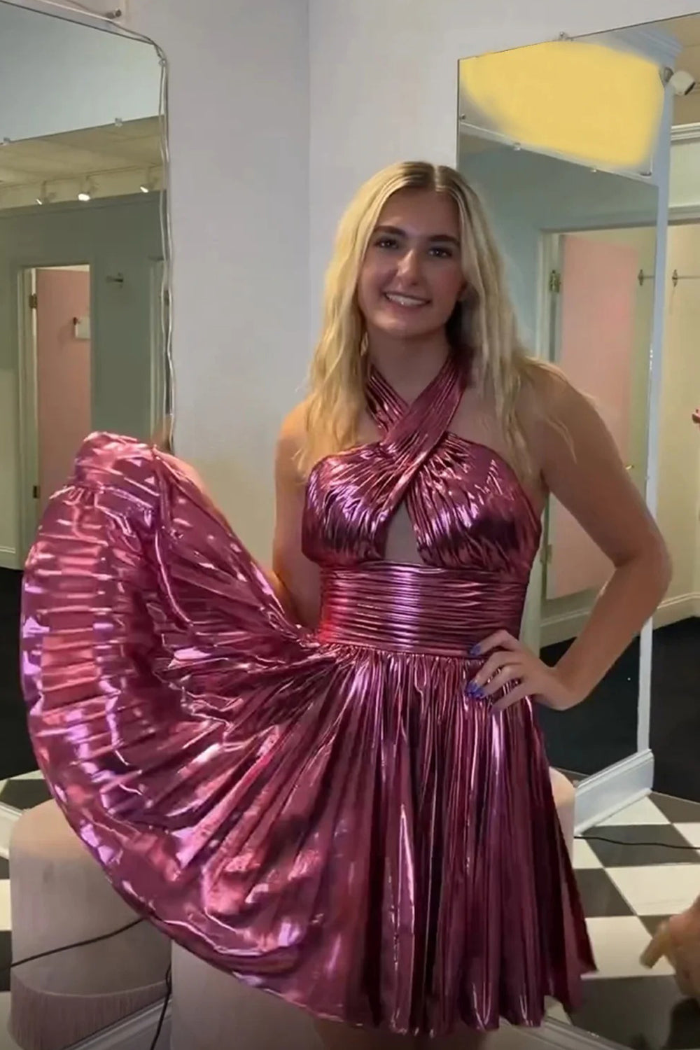 Rosy Pink Pleating Halter Backless A-lie Mini Cocktail Party Homecoming Dresses, CH0094