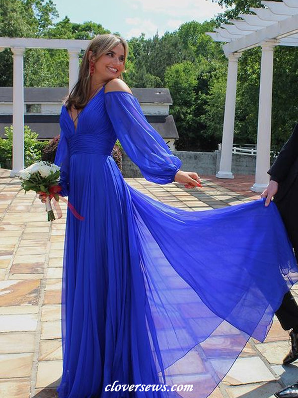 Royal Blue Chiffon Long Puffy Sleeves A-line Charming Prom Dresses, CP clover sew Royal Blue Chiffon Long Puffy Sleeves A-line Charming Prom Dresses, CP clover sew