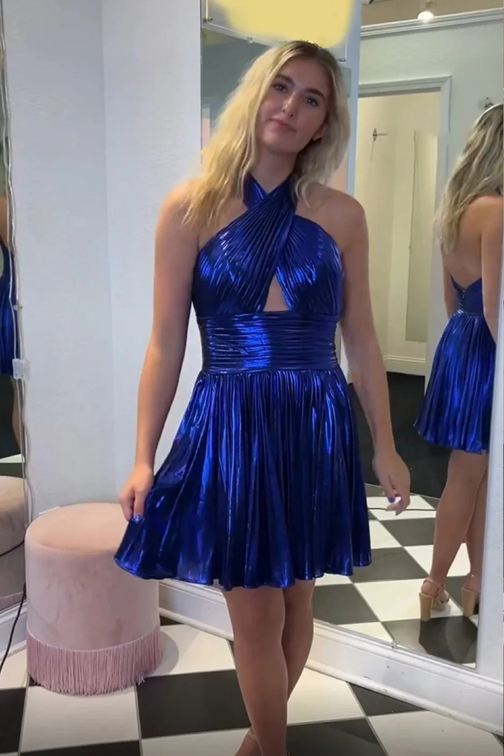 Royal Blue Pleating Halter Backless A-lie Mini Cocktail Party Homecoming Dresses, CH0095