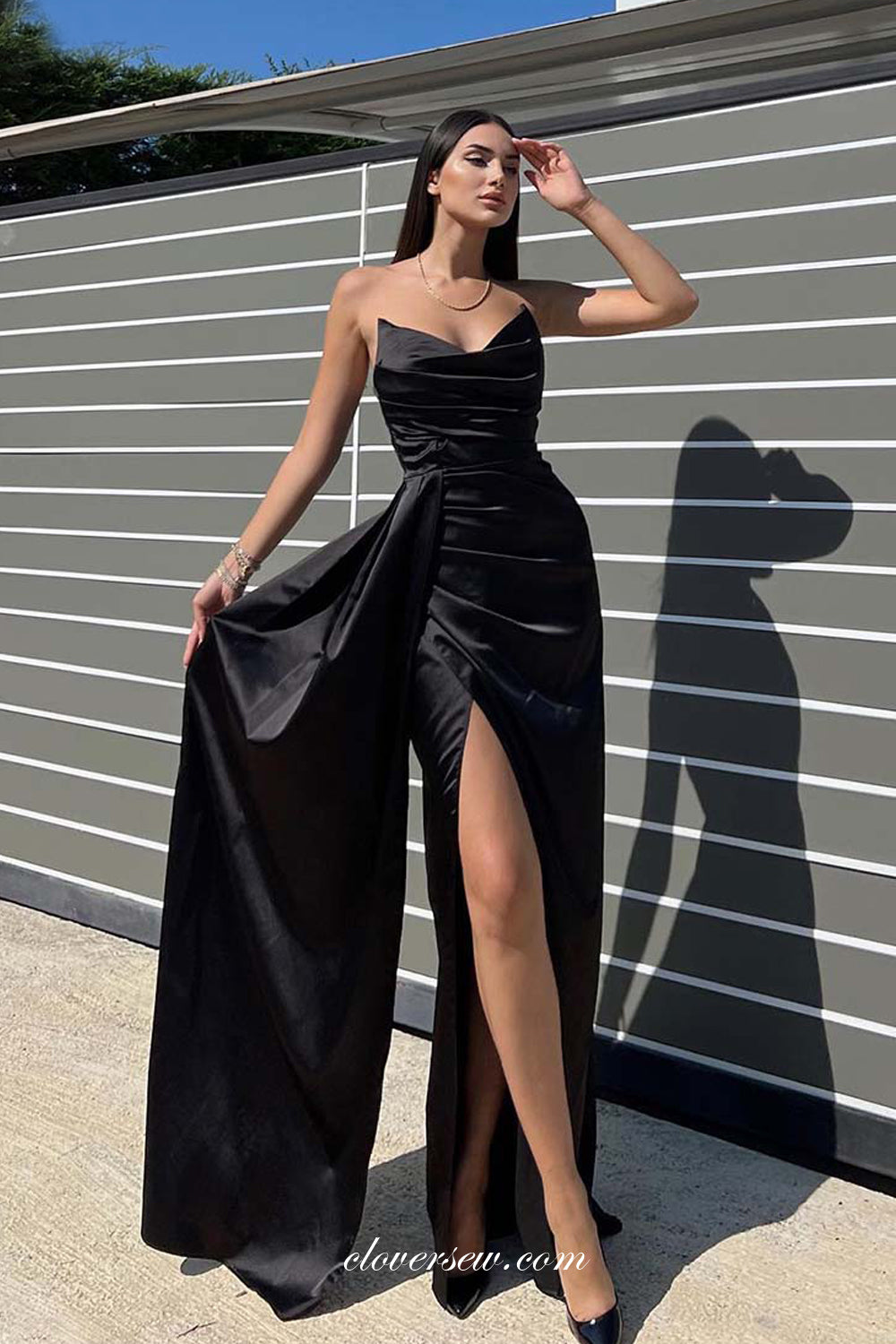 Royal Blue Satin V-neck Strapless High Slit Formal Dresses, CP1054