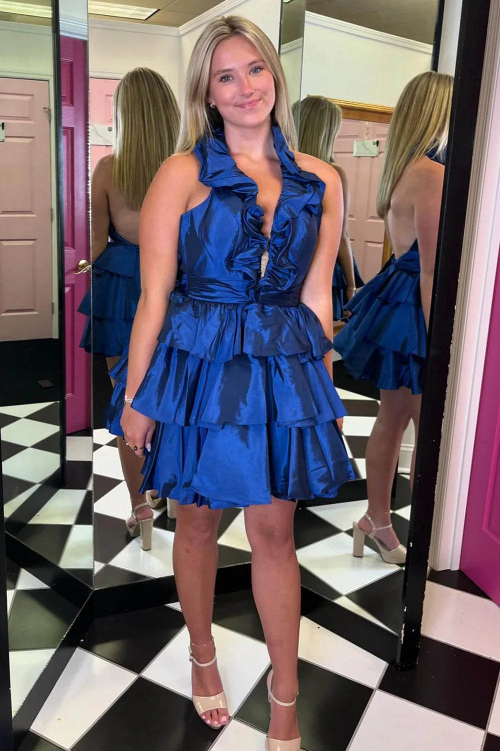 Royal Blue Shiny Satin Bubble Halter Sleeveless Tiered A-line Short Homecoming Dresses, CH0111