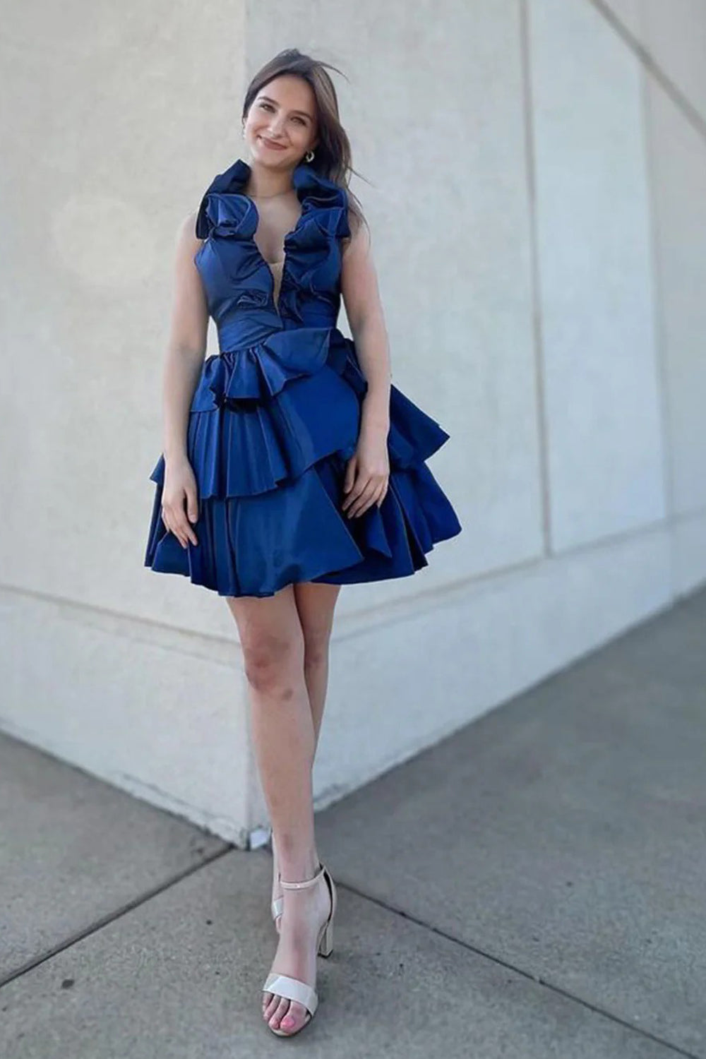 Royal Blue Shiny Satin Bubble Halter Sleeveless Tiered A-line Short Homecoming Dresses, CH0111