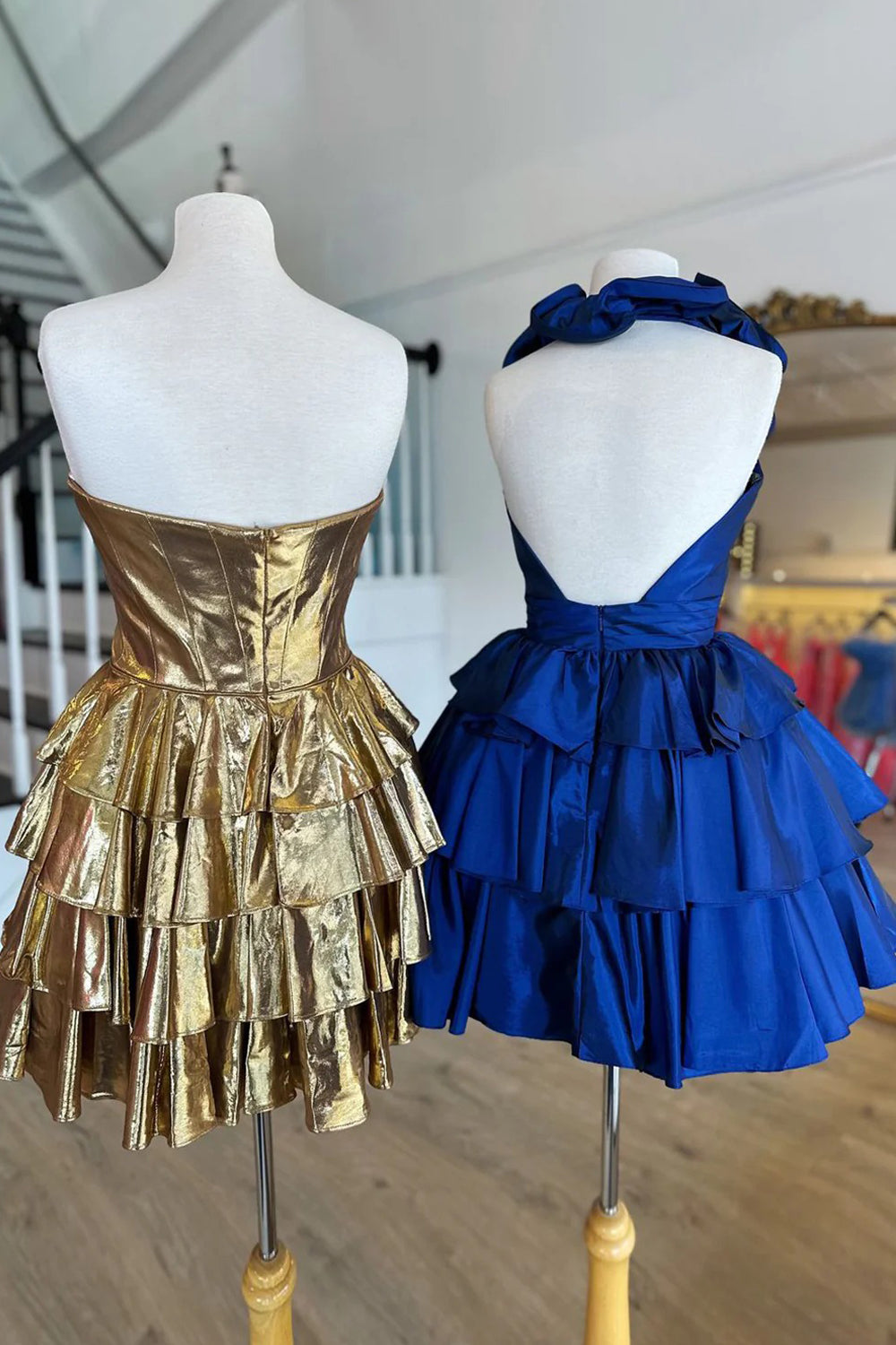 Royal Blue Shiny Satin Bubble Halter Sleeveless Tiered A-line Short Homecoming Dresses, CH0111